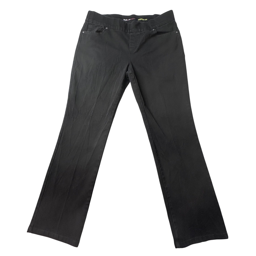 Style & Co Jeans Womens Large Black Denim Straight Leg‎ Pull-On Stretch Pants